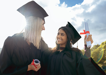 Image showing Students, study and college certificate hug of graduate women together at celebration. Diploma success, happiness and excited friends with school, education and university graduation scroll