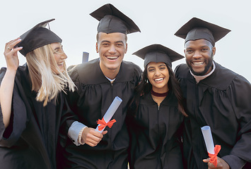 Image showing Graduation, university and portrait of students with success, education and achievement in college. School, graduate and group of friends in celebration with certificate, diploma and academic award