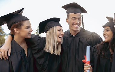 Image showing Graduation, friends and diversity of students hug to celebrate success, college event and smile. Happy group, graduates and celebration of university goals, learning award and motivation of happiness