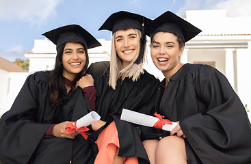 Image showing Graduation, smile and portrait of women, group and scholarship success. Happy diversity students, graduate friends and study goals with award, pride and motivation of education, university or college