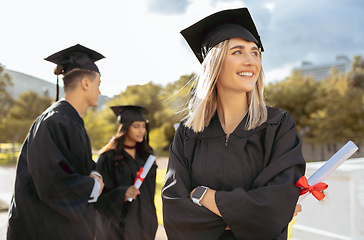 Image showing Education, woman thinking and graduation outdoor, happiness and future with success, completed degree and smile. Young female, students and academic excited, daydreaming and ideas for opportunity