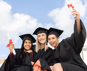 Image showing Graduation, smile and portrait of female group of friends celebrate success on sky background. Happy women, diversity students and graduates in celebration of study goals, award and study motivation