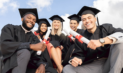 Image showing Graduation, group portrait and students celebrate success on sky background. Happy international graduates, friends and celebration of study goals, award and smile for college certificate of learning