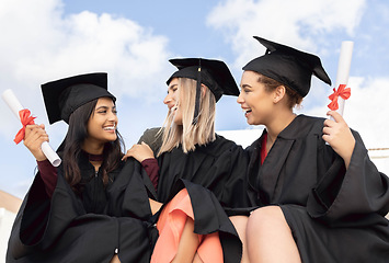 Image showing Graduation, education and group of friends celebrate success on sky background. Happy women, diversity students and graduates in celebration of study goals, award and smile with college certificate