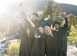 Image showing Graduation, student group and selfie for success, motivation and campus memory. Happy graduates, diversity friends and taking photo at excited celebration of study goals, award and college education