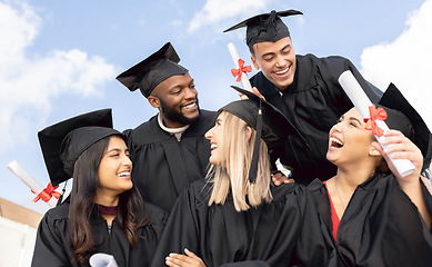 Image showing Graduation, happy students and group celebrate education success on sky background. Excited graduates, diversity campus and celebration of study goals, university award and friends at college event