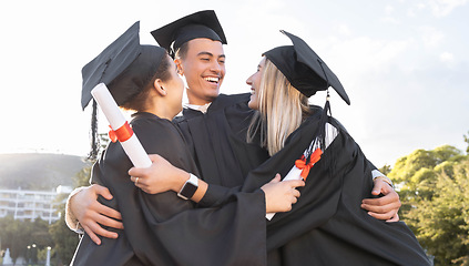 Image showing Student graduation, friends and hug for celebration, success and certified education event outdoor. Diversity, smile and excited graduates celebrate at happy campus, university goals or study support