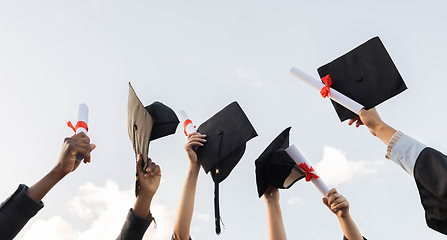 Image showing Graduation certificate and group of hands in sky with winning success in college education. Learning, knowledge and winner future, celebration of study achievement and graduate holding paper in air.