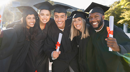 Image showing Graduation, happy group and portrait of students celebrate education success. Diversity of excited graduates smile outdoor at campus celebration for study goals, university award and college friends