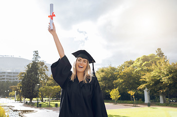 Image showing Graduation, diploma and portrait of woman, winner and celebration of student success. Happy graduate, education certificate and excited for university goals, learning award and motivation for future