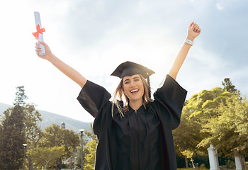 Image showing Graduation event, portrait and happy woman celebrate achievement, success and smile. Excited graduate, education certificate and celebration of university goals, learning award and student motivation