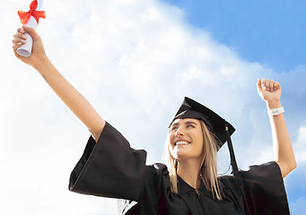 Image showing Happy graduation, diploma and woman on sky background for success, celebration and scholarship. Happy graduate, education certificate and excited for university goals, award and motivation for future