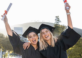 Image showing Graduation, celebration and portrait of women cheering for scholarship success. Happy female students, graduate certificate and study goals with award, smile and motivation of friends at university