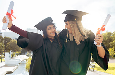 Image showing Graduation, celebration and friends with diploma, success and pride. Happy women, graduate students and certificate of study goals, target award and smile of education, motivation and winning outdoor