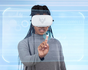 Image showing Vr, augmented reality and digital with black woman and 3d for future, cyber and metaverse. Media, ui and technology with girl and headset for ux interface, innovation and data analytics graphics