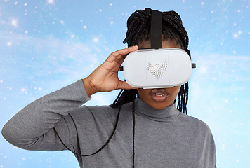 Image showing Vr, gaming and digital with black woman and metaverse for future, cyber and 3d system. Media, ui and web technology with girl and headset for internet, augmented reality and data analytics graphics