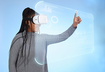 Image showing Vr, augmented reality and digital with black woman and 3d hologram for future, cyber and metaverse. Media, ui and technology with girl and headset for ux interface, innovation and data graphics