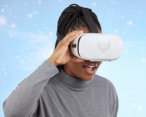 Image showing Vr, gaming and digital with black woman and metaverse for future, cyber and 3d system. Media, ui and web technology with girl and headset for internet, augmented reality and data analytics graphics