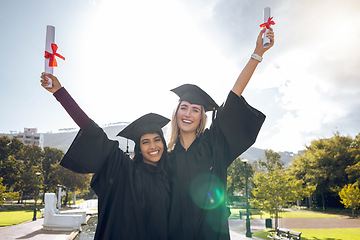 Image showing Graduation, celebration and portrait of women, friends and scholarship success. Happy students, graduate certificate and study goals with award, smile and motivation of education, winner and learning