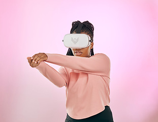 Image showing Virtual reality sword, cyber gaming or woman in sci fi augmented reality, futuristic ai metaverse or future warrior. Fantasy game gesture, ninja samurai simulation or pink African gamer in vr headset