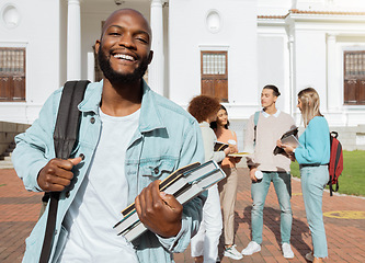 Image showing Portrait, black man and students on campus, outdoor and conversation for knowledge, growth and learning. African American male, student and academics on university, development and higher education