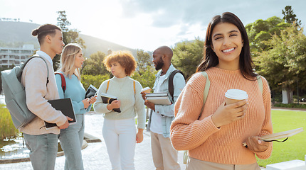 Image showing Campus, university and student portrait with study group, learning community and happy education goals. Young gen z person, woman or youth with smile for scholarship, teamwork and schedule planning