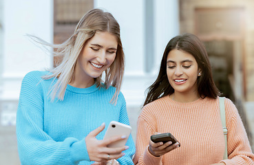 Image showing Friends, women with smartphone, social media and technology with students on campus, online and outdoor. Connection, meme or post with happiness, communication with 5g network and Gen z youth