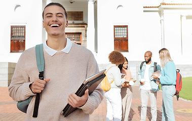 Image showing Campus, university and student portrait with outdoor community, happy education and study vision or goals. Young gen z person, man or youth with smile for scholarship, philosophy and history notebook