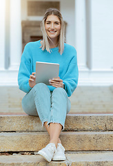 Image showing Woman, student and portrait smile with tablet relaxing on stairs for social media, browsing or research at campus. Happy female learner smiling in happiness for 5G streaming connection on touchscreen