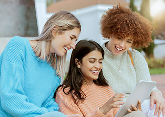 Image showing Student, friends and tablet laughing for meme, social media or streaming online entertainment at campus. Happy women sharing laugh for funny joke, chat or post on touchscreen together at university