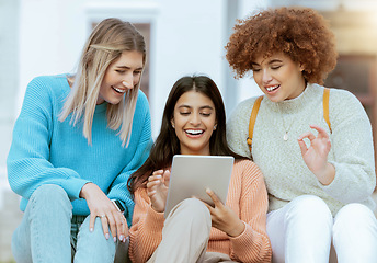 Image showing Student, friends and tablet laughing for entertainment streaming, social media or communication at campus. Happy women enjoying funny meme, laugh or browsing online research on touchscreen together