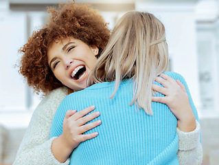 Image showing Love, friends and women hug, reunion and excited for achievement, happiness and outdoor. Young females, ladies and embrace outside, celebration for bonding and support with smile, relax or cheerful