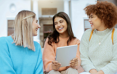 Image showing Student, happy friends and tablet laughing for social media, funny meme or streaming entertainment at campus. Women enjoying 5G connectivity with laugh for fun joke or comedy on touchscreen together