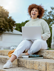 Image showing Laptop, college and portrait of a woman student in the city sitting on the stairs studying for test or exam. Education, university and young female from Brazil working on academic project on computer