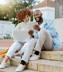 Image showing Friends, technology and online on tablet and laptop, social media communication and young students outdoor. Black man, woman and smile, internet and 5g network with video or meme on college steps