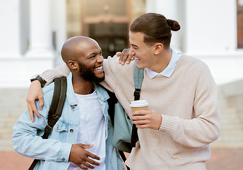 Image showing University, campus and students or friends laugh together for college education, funny conversation or studying support. Diversity black man or people hug, outdoor talking and coffee break with smile