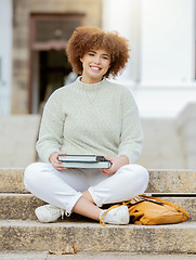 Image showing Portrait, education and black woman on university steps with books, student and campus for future. Face, learner and college, scholarship and young girl smile, study and knowledge, academic and goals