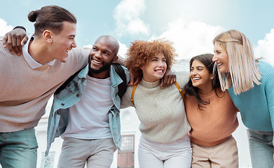 Image showing Student, friends and happy people with diversity, happiness and university support. Students community, smile and college group outdoor ready for learning and teamwork with motivation and blue sky