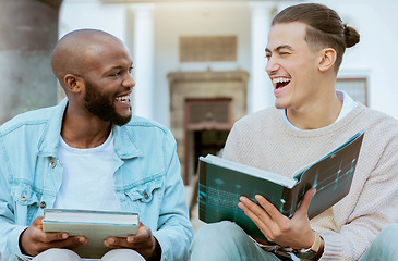 Image showing Students, learning and laughing with university, scholarship and education books on steps. Outdoor, friends and diversity of men in a conversation with a funny joke and books for study knowledge