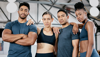 Image showing Fitness, diversity and portrait of people in gym for teamwork, support and workout. Motivation, coaching and health with friends training in sports center for cardio, endurance and wellness challenge