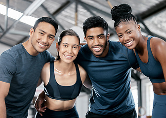 Image showing Fitness, happy and portrait of friends in gym for teamwork, support and workout. Motivation, coaching and health with people training in sports center for cardio, endurance and wellness challenge