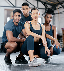 Image showing Fitness, diversity and portrait of people in gym for teamwork, support and workout. Motivation, coaching and health with friends training in sports center for cardio, endurance and wellness challenge