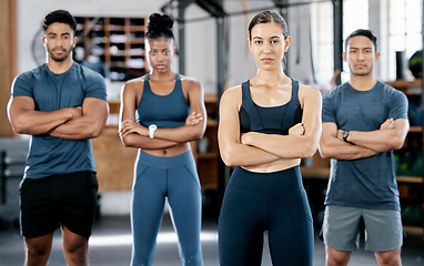 Image showing Fitness, diversity and portrait of people in gym for teamwork, support and workout. Motivation, coaching and health with friends training in sports center for cardio, endurance and wellness challenge