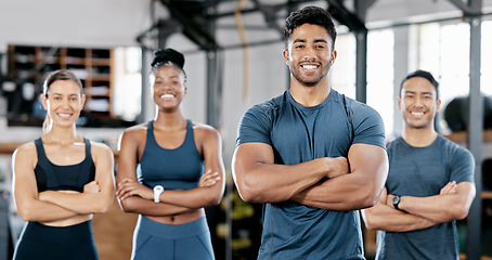 Image showing Fitness, gym and portrait of group of people standing with crossed arms for leadership and confidence. Sports, collaboration and happy team after exercise, workout or training class in health studio.