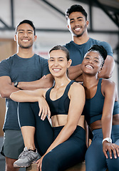 Image showing Fitness smile and portrait of friends in gym for teamwork, support and workout. Motivation, coaching and health with people training in sports center for cardio, endurance and wellness challenge