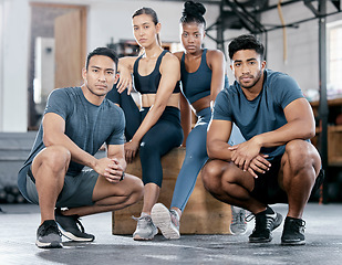 Image showing Fitness, diversity and portrait of people in gym for teamwork, support and workout. Motivation, coaching and health with friends training in sports center for cardio, endurance and wellness challenge