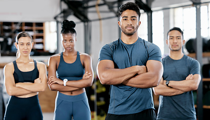 Image showing Fitness, diversity and portrait of people in gym for teamwork, support and workout. Motivation, coaching and health with friends training in sports center for cardio, endurance and wellness challenge