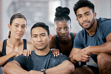 Image showing Fitness, diversity and portrait of people in gym for teamwork, support and workout. Motivation, coaching and health with friends training in sports center for cardio, endurance and wellness challenge