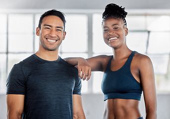 Image showing Fitness, portrait or personal trainer with a black woman at a gym for training, exercise or body workout. Motivation, friends or happy sports athletes in a partnership smile with pride in health club
