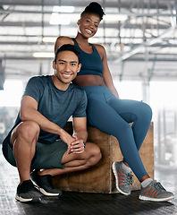 Image showing Fitness, portrait or personal trainer with a happy client at gym for training, exercise or body workout. Team partnership, Indian coach or black woman smiles with pride together in a health club